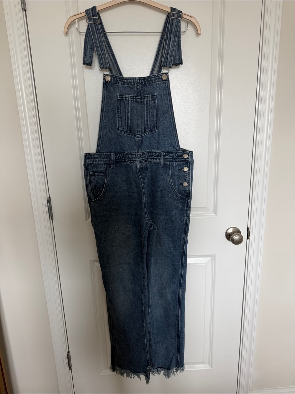 Dark Indigo Denim Overalls with Frayed Hem